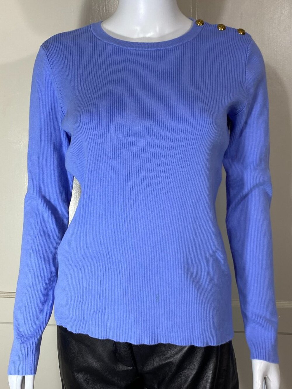 RALPH LAUREN LRL Periwinkle Rib Knit Gold Crest Logo Shoulder Button Sweater L